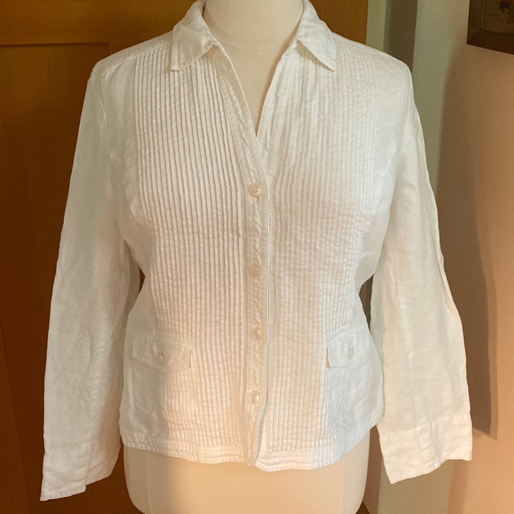 Linen Jones New York White Top Long Sleeve Womens Size 16 Pleated Collared JNY